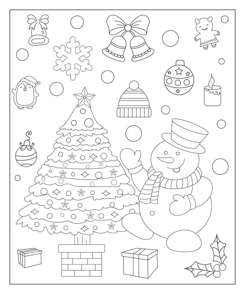 Coloring page of a decorated Christmas tree with gifts. Vector black and white illustration on white background.