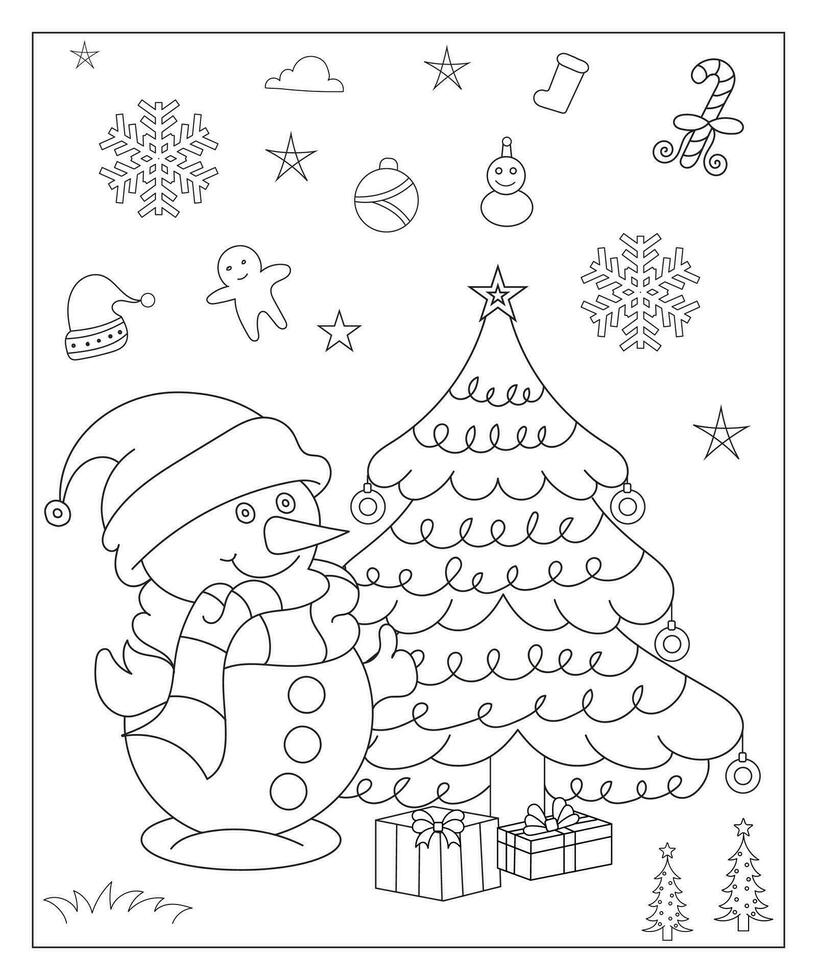 Coloring page of a decorated Christmas tree with gifts. Vector black and white illustration on white background.