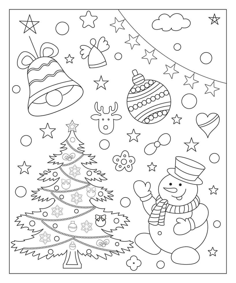 Coloring page of a decorated Christmas tree, shanta claus, ball, bell, snowman and gifts. Vector black and white illustration on white background.