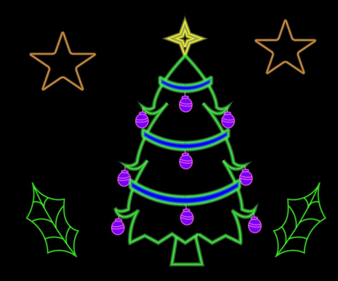 Abstract glowing neon christmas tree sign lgiht with on and off versions. Vector illustration