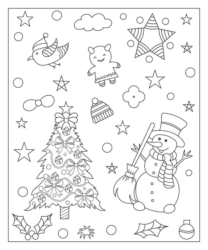Coloring page of a decorated Christmas tree, shanta claus, ball, bell, snowman and gifts. Vector black and white illustration on white background.