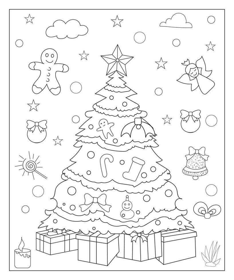Coloring page of a decorated Christmas tree with gifts. Vector black and white illustration on white background.