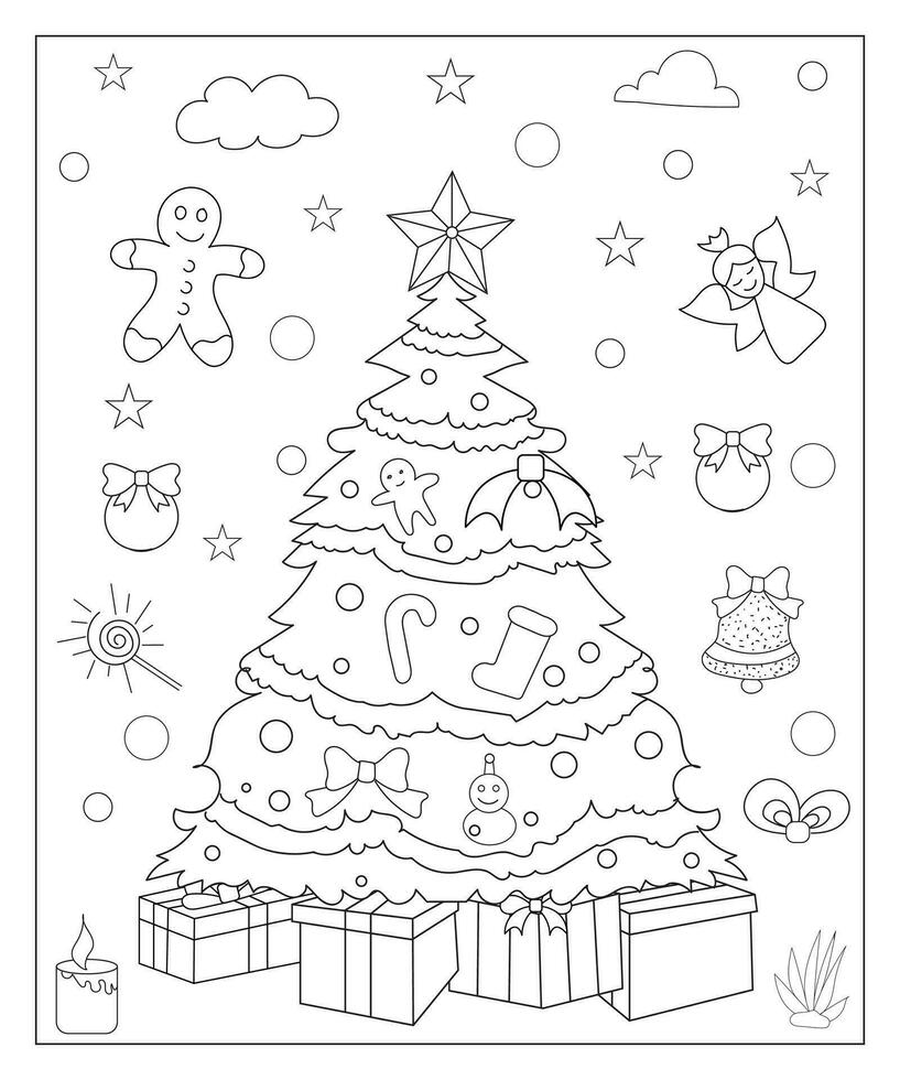 Coloring page of a decorated Christmas tree with gifts. Vector black and white illustration on white background.