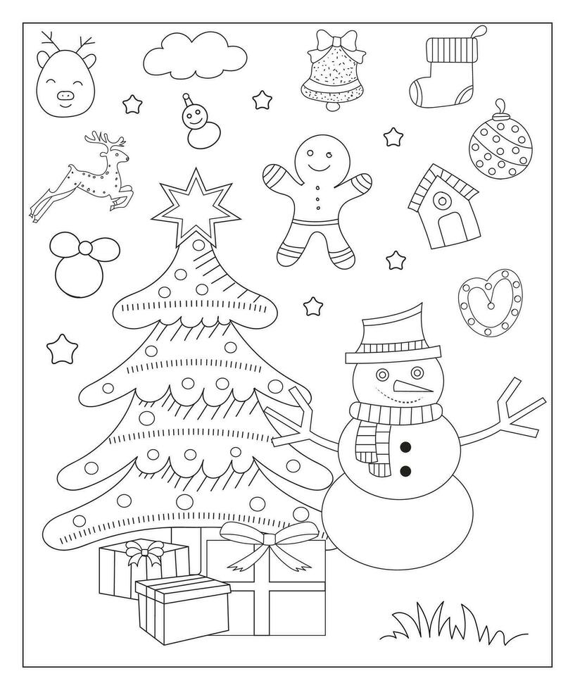 colorante página de un decorado Navidad árbol con regalos. vector negro y blanco ilustración en blanco antecedentes.