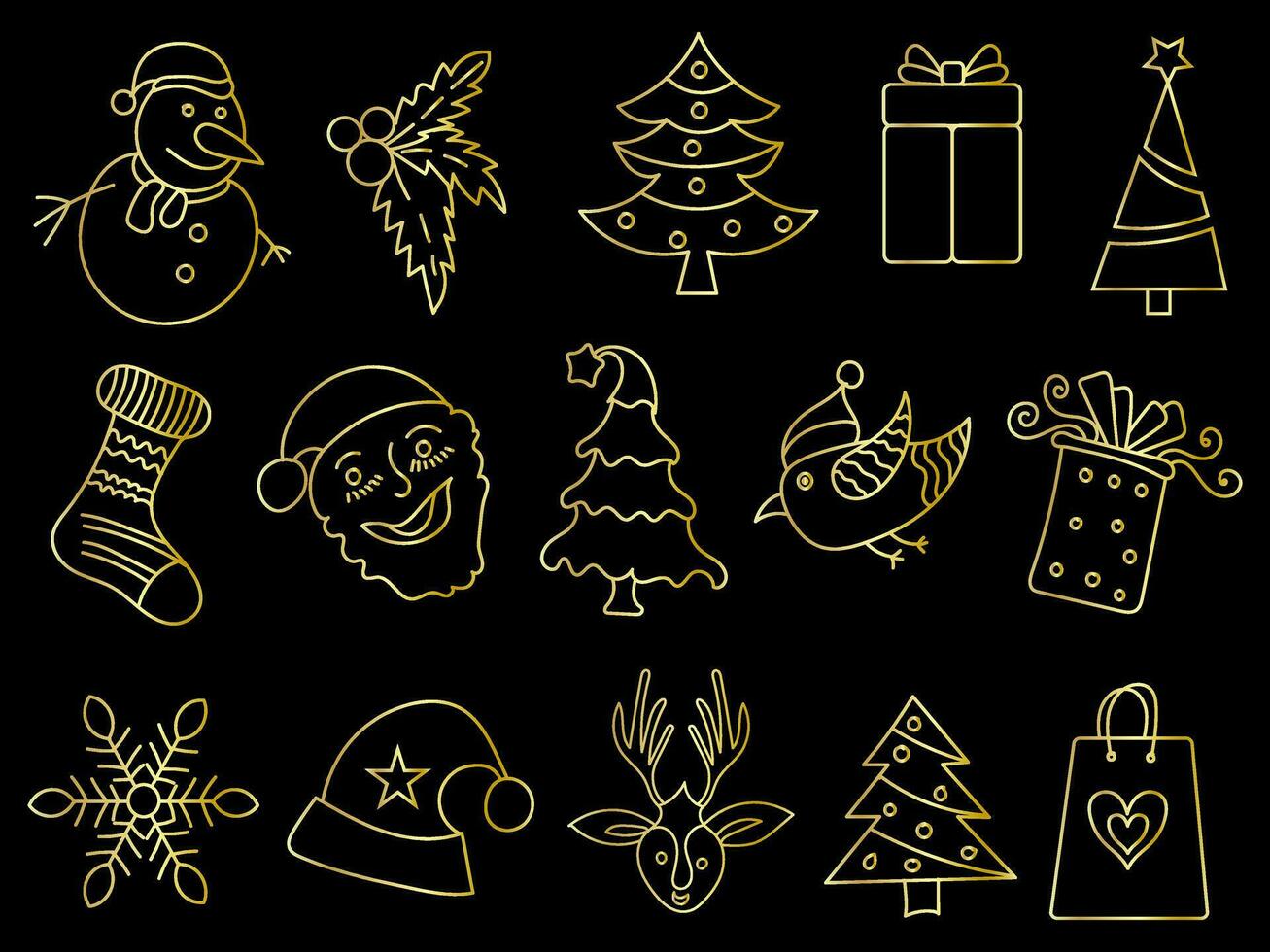 Golden christmas ornaments set with balls, snowflakes, hats, star, Christmas tree, orange, sock, gift, drink and garlands. vector