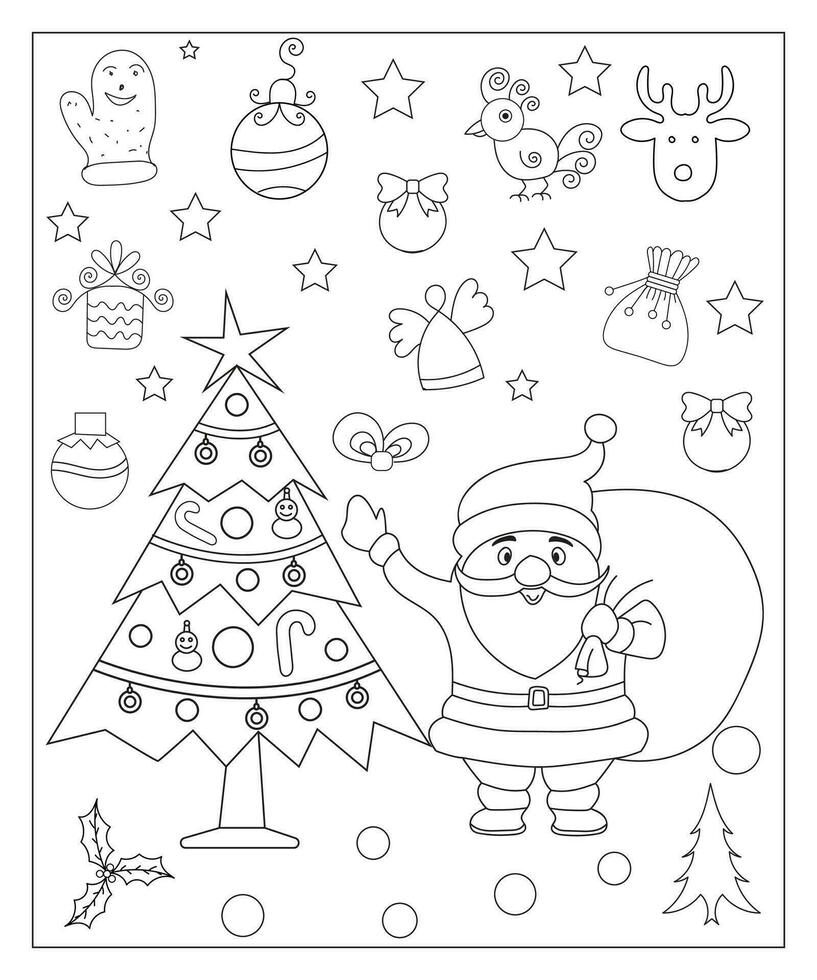 Coloring page of a decorated Christmas tree with gifts. Vector black and white illustration on white background.