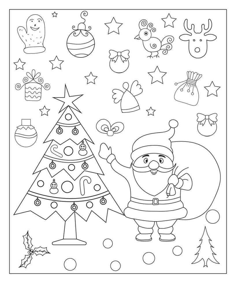 Coloring page of a decorated Christmas tree with gifts. Vector black and white illustration on white background.