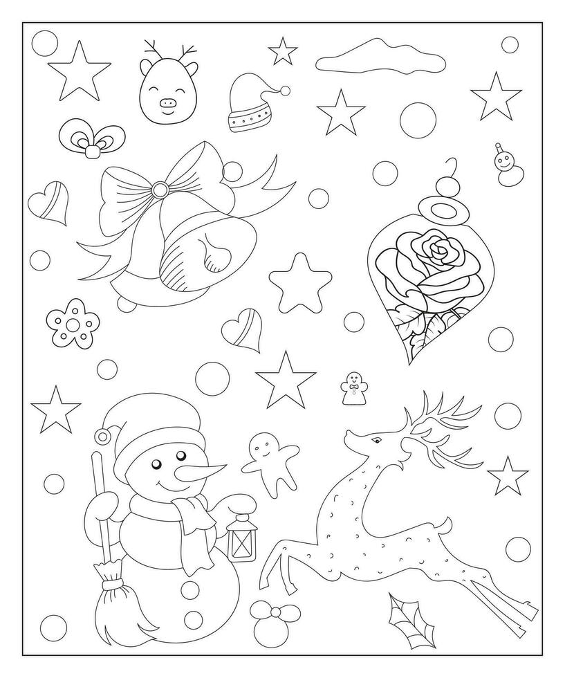 Coloring page of a decorated Christmas tree with gifts. Vector black and white illustration on white background.