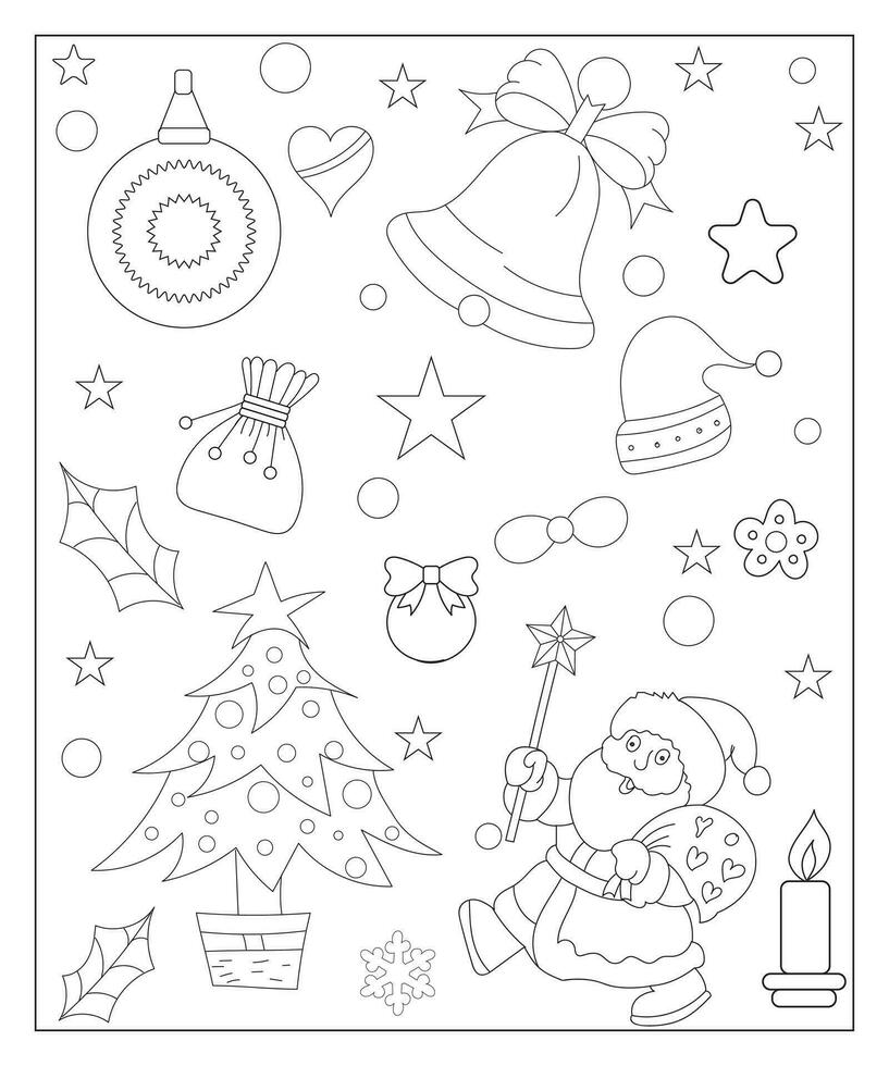 Coloring page of a decorated Christmas tree with gifts. Vector black and white illustration on white background.