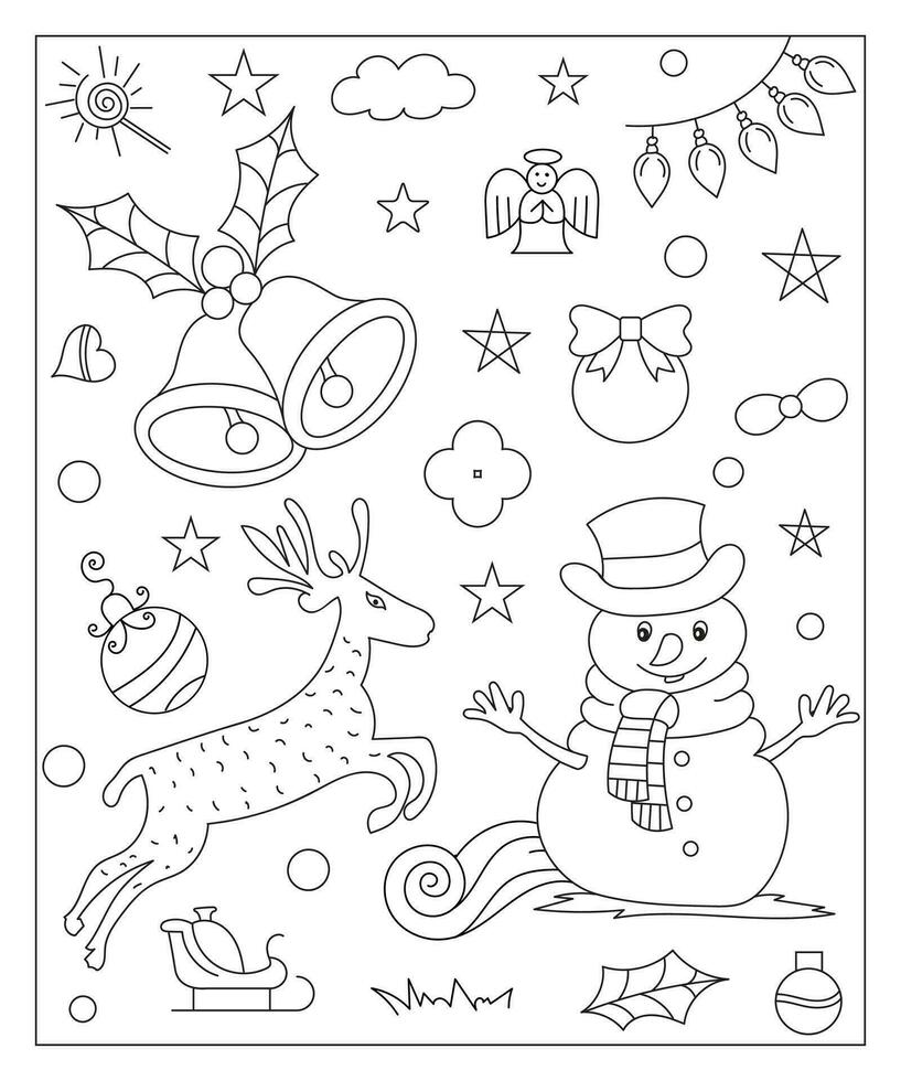 Coloring page of a decorated Christmas tree, shanta claus, ball, bell, snowman and gifts. Vector black and white illustration on white background.