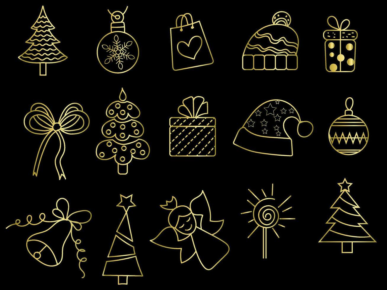 Golden christmas ornaments set with balls, snowflakes, hats, star, Christmas tree, orange, sock, gift, drink and garlands. vector