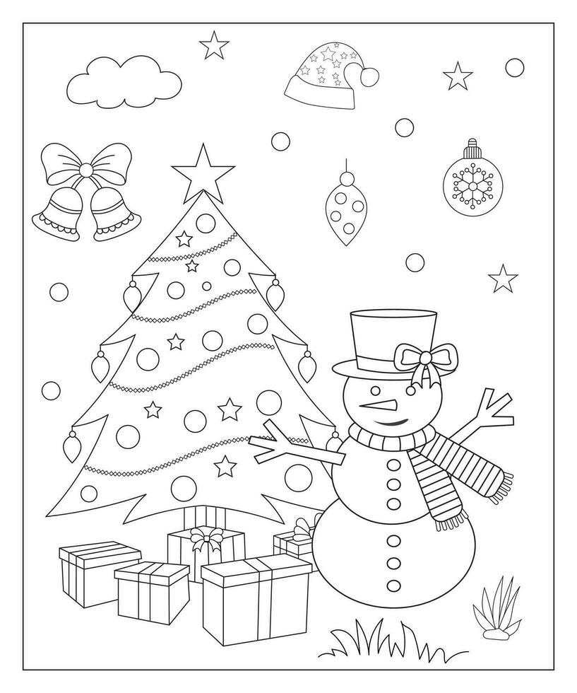 colorante página de un decorado Navidad árbol con regalos. vector negro y blanco ilustración en blanco antecedentes.