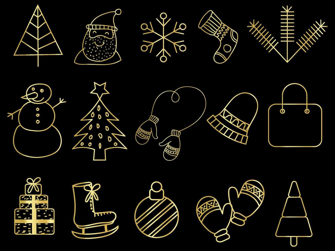 Golden christmas ornaments set with balls, snowflakes, hats, star, Christmas tree, orange, sock, gift, drink and garlands. vector