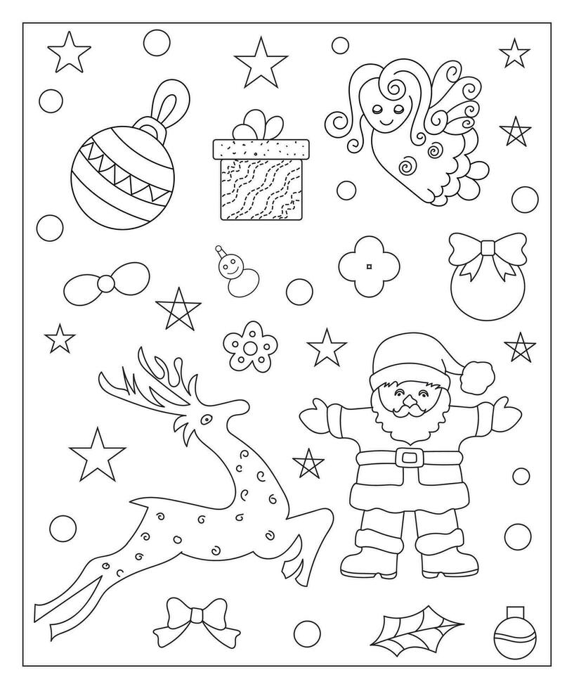 Coloring page of a decorated Christmas tree, shanta claus, ball, bell, snowman and gifts. Vector black and white illustration on white background.