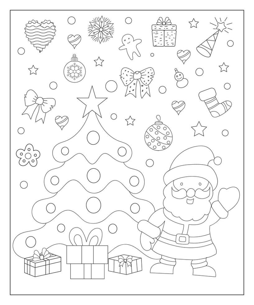 Coloring page of a decorated Christmas tree with gifts. Vector black and white illustration on white background.