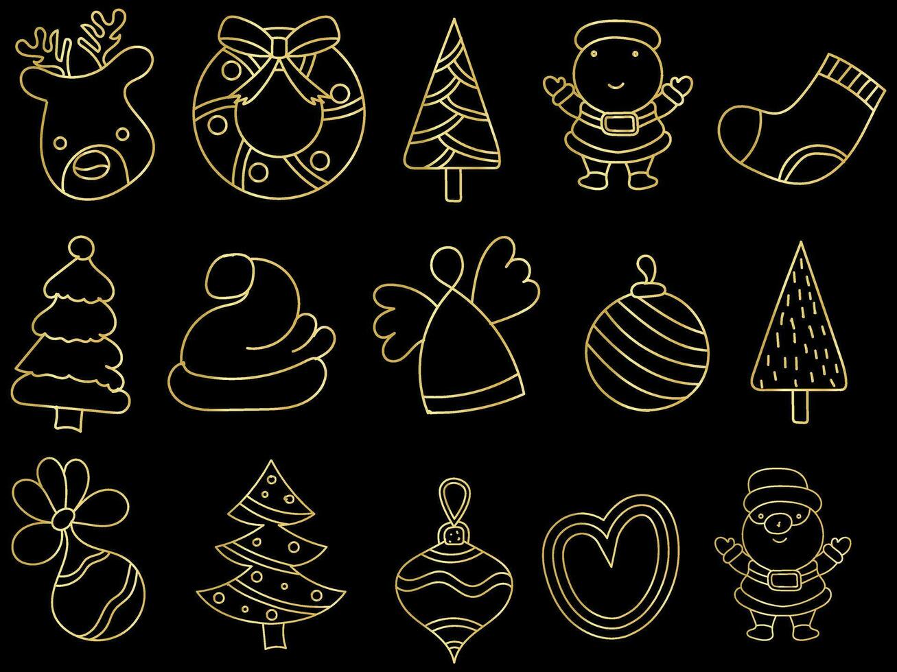 Golden christmas ornaments set with balls, snowflakes, hats, star, Christmas tree, orange, sock, gift, drink and garlands. vector