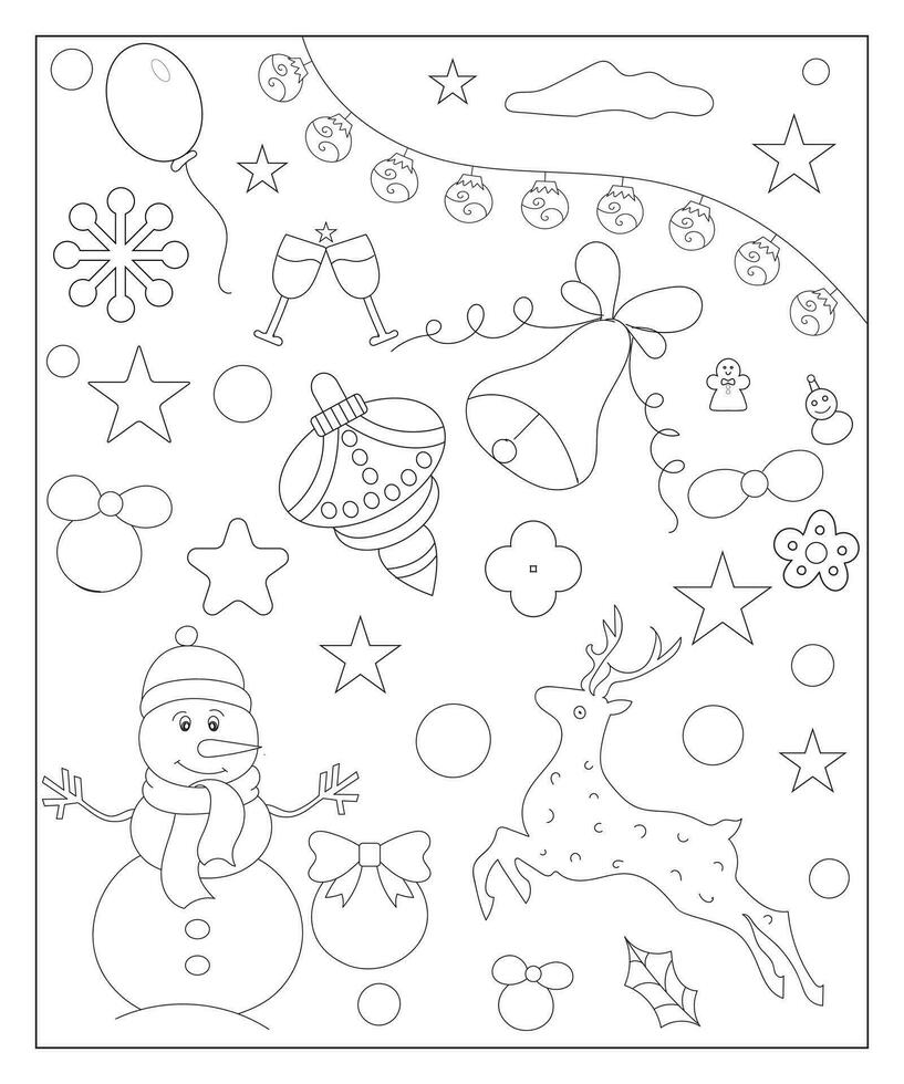 Coloring page of a decorated Christmas tree with gifts. Vector black and white illustration on white background.