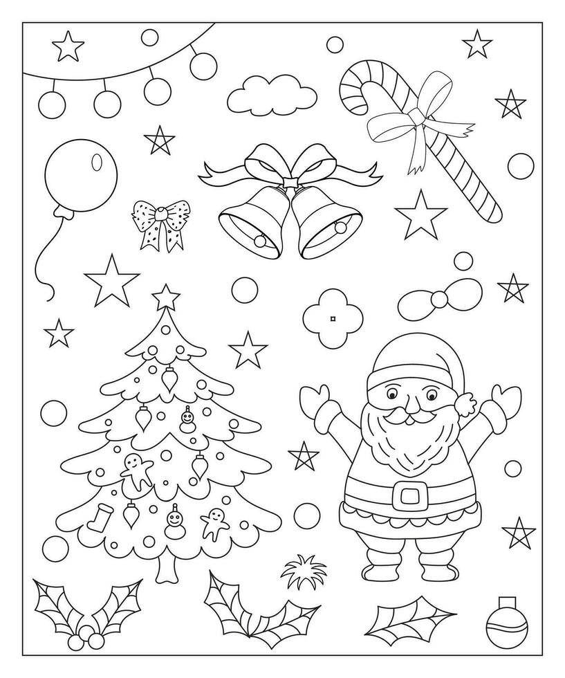 Coloring page of a decorated Christmas tree, shanta claus, ball, bell, snowman and gifts. Vector black and white illustration on white background.