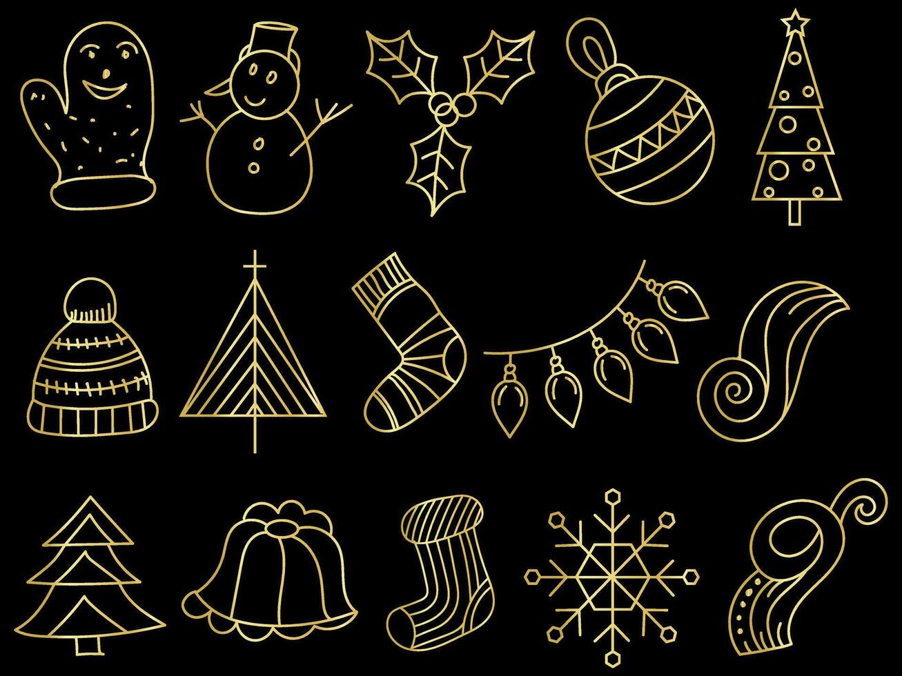 Golden christmas ornaments set with balls, snowflakes, hats, star, Christmas tree, orange, sock, gift, drink and garlands. vector