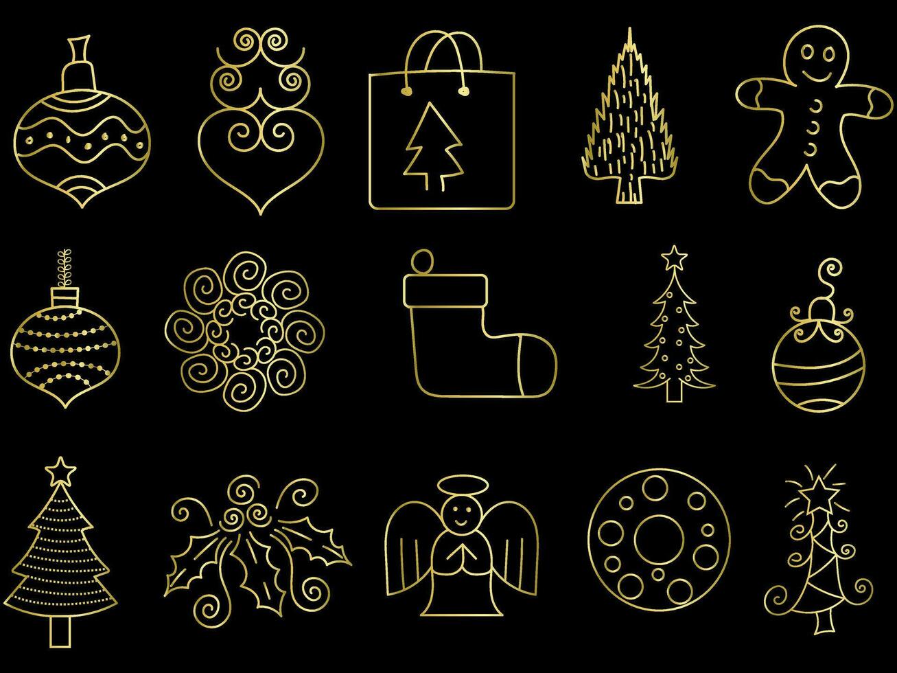 Golden christmas ornaments set with balls, snowflakes, hats, star, Christmas tree, orange, sock, gift, drink and garlands. vector