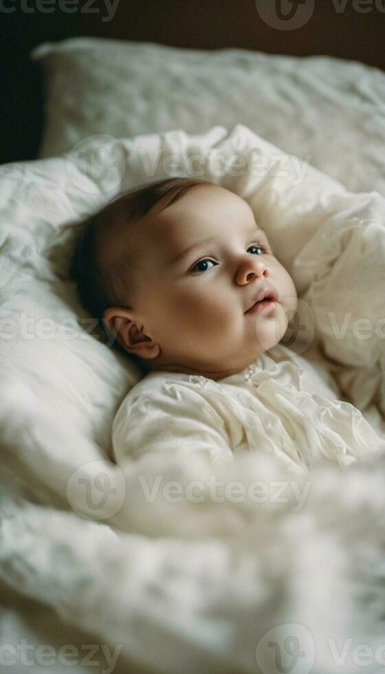 Soft Serenity Newborn Relaxing on White Blanket. Ai generated content photo