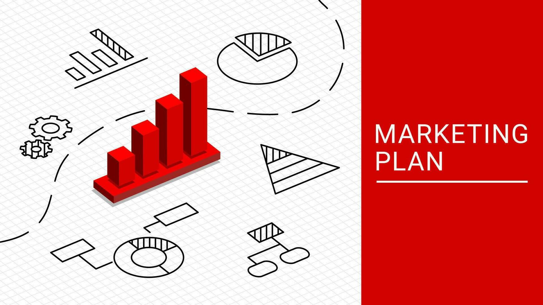 online marketing plan, concept planning, graph, chart, cog, drawn on paper, data analysis to goal, red graph, isometric, vector illustration