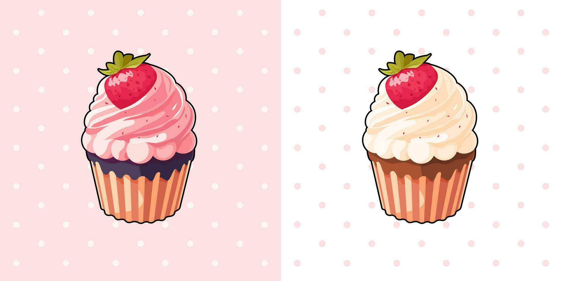 strawberry cupcakes, vanilla whipping cream, sweet bakery products, muffin, bakery desert. vector illustration cartoon kawaii design