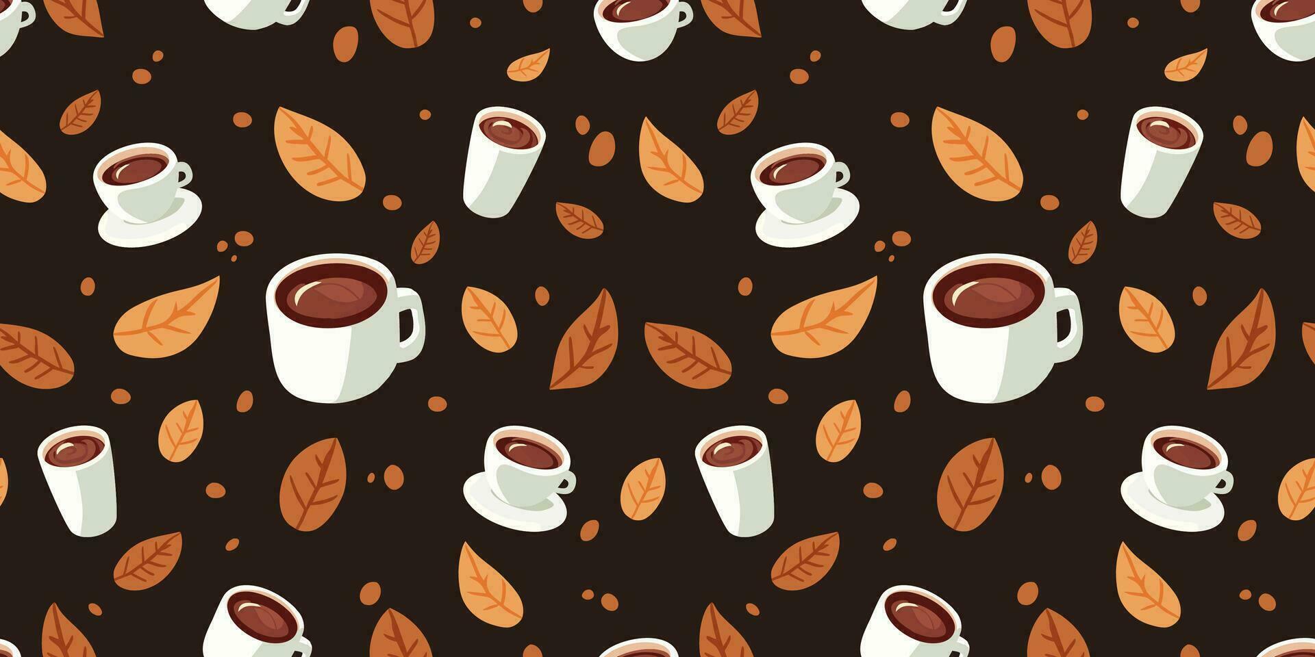 coffee seamless pattern, cocoa chocolate, leaf, autumn season, post card wallpaper prints wrapping paper poster pillow tote bags mouse pad patterns desing, vector illustration cute kawaii.