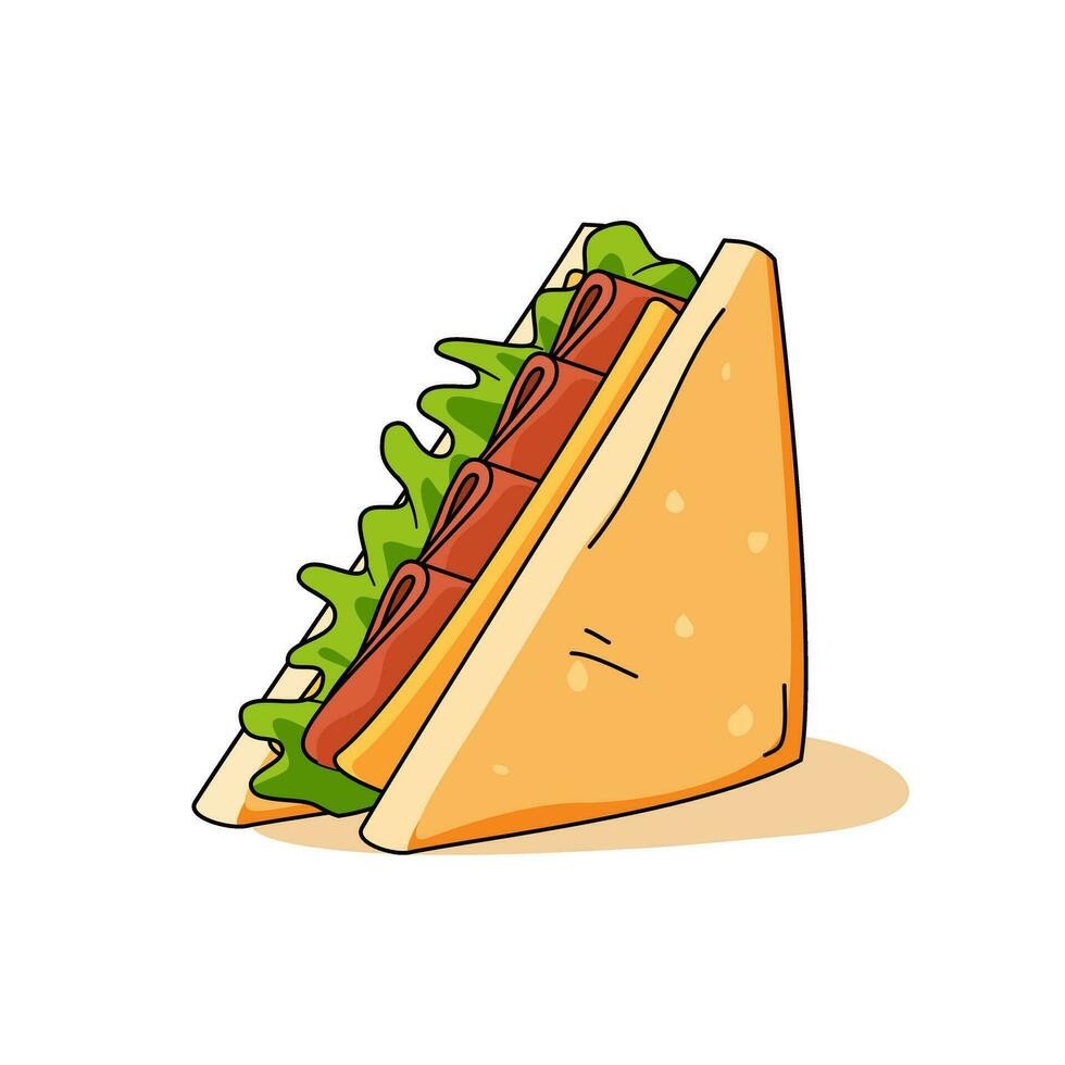 sandwich, breakfast food, vegetables, cheese, meat, bacon, ham, bun, isolated, Vector illustration cartoon cute kawaii icon