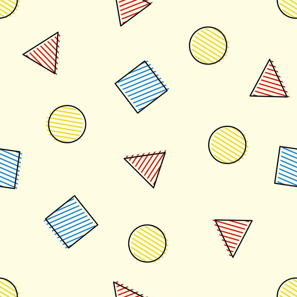 abstract geometric seamless pattern with triangles rounds squares, red, blue, yellow, wallpaper, paper, fabric, poster, card, textile, wrapping, tablecloth, background, vector illustration cartoon