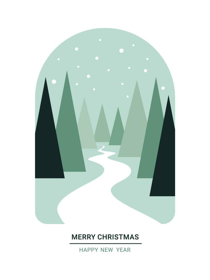 christmas or new year greeting card, holiday card, invitation, backgrounds, posters, holiday covers, tree, road, snow, modern minimalist style, vector illustration