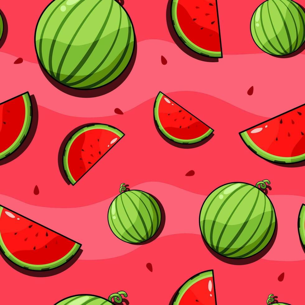 watermelon seamless pattern, tropical summer background repeat, seed melon, juicy, fresh, fruit, watermelon slices, wallpaper, textile, wrapping paper, background. vector illustration flat design