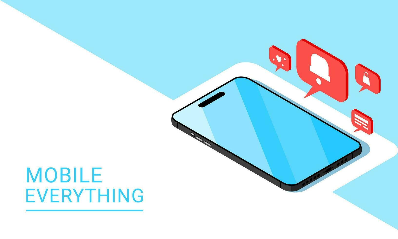 isometric mobile phone, banner, cover, phone with icon love, like, notification, chat, massage, shopping bag, vector illustration