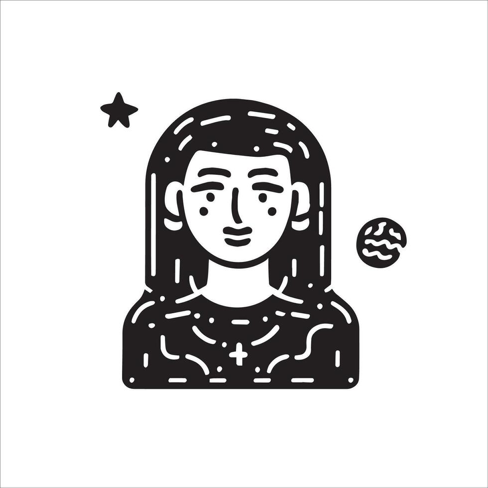 Black and white vector illustration of a girl in doodle style. Hand drawn minimalistic illustration. Star and planet side by side of girl symbolizing astrology and stargazing.