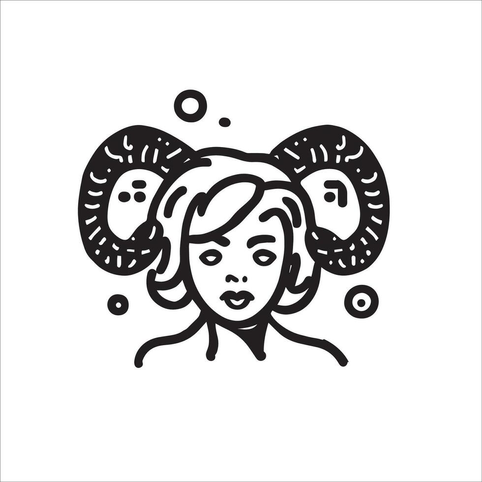 Mystical doodle of a fierce girl adorned with Aries horns, embodying the strength and independence of this star sign. A captivating blend of beauty and power. Black and white illustration. vector