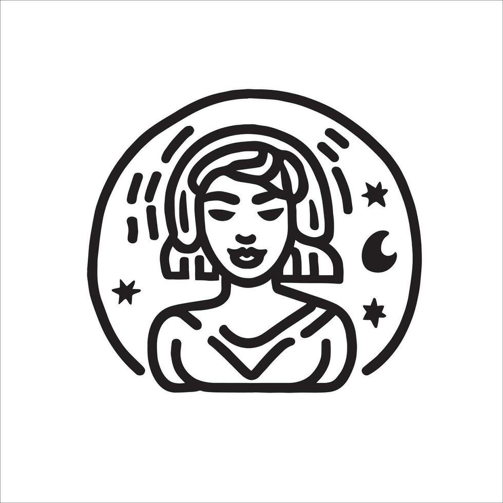 Black and white vector illustration of a girl in doodle style. Hand drawn minimalistic illustration. Star and planet side by side of girl symbolizing astrology and stargazing.