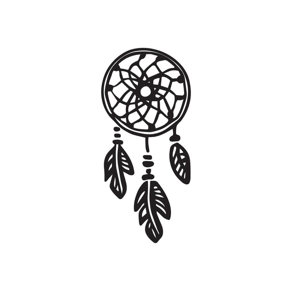 Intricate and ethereal, this black and white doodle showcases a dream catcher, capturing the essence of mysticism and protection. Vector illustration of dream catcher with feathers