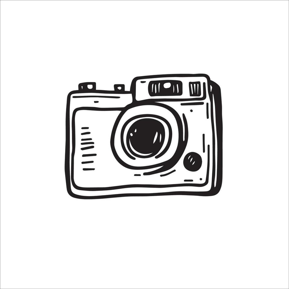 Capture moments of nostalgia with this black and white doodled photo camera. Its vintage charm tells stories of memories frozen in time. Vector hand drawn illustration.
