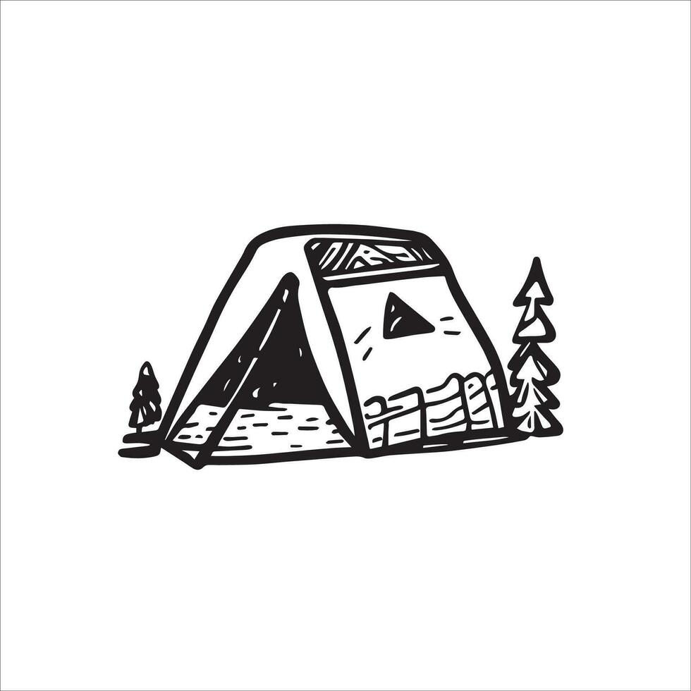 Escape to the great outdoors with this black and white doodle of a tourist tent. Embrace the call of adventure and the beauty of nature. Vector illustration of the tourist tent with trees.