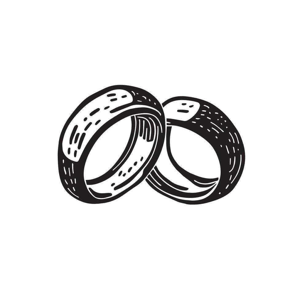 simbólico y eterno, esta negro y blanco garabatear caracteristicas dos Boda anillos, entrelazando en un eterno enlace de amor y compromiso. elegante vector ilustración.