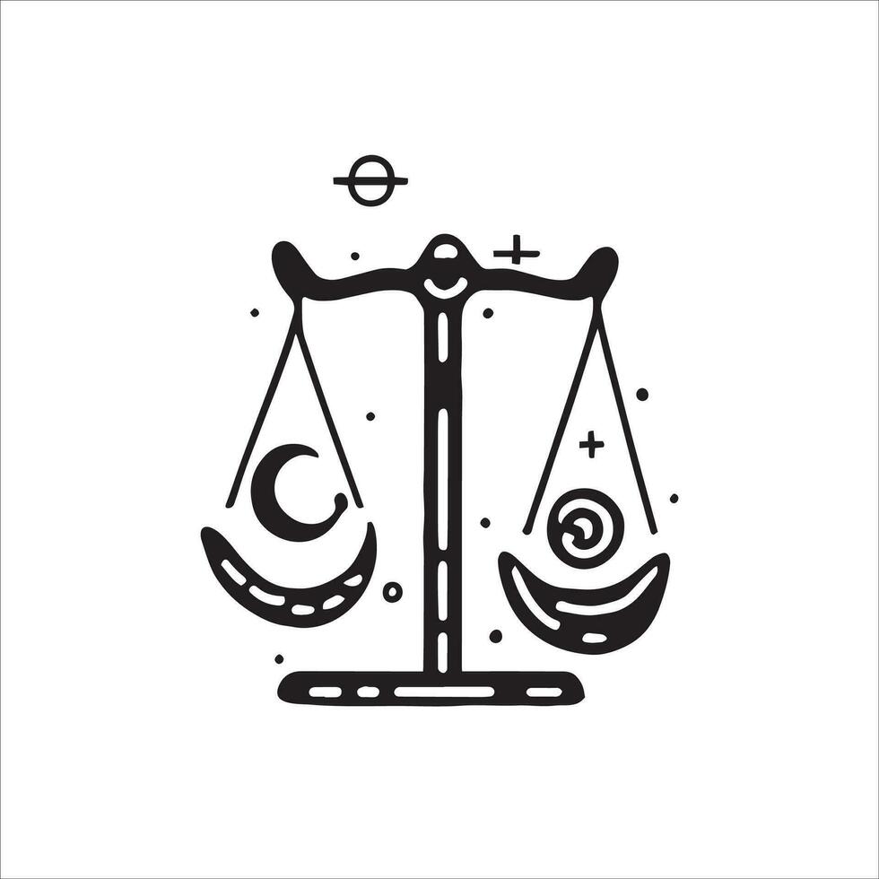 Black and white vector illustration with vintage scales in doodle style. Star sign libra illustration. Delicate details and harmonious symmetry evoke Libra's love for beauty and harmony.