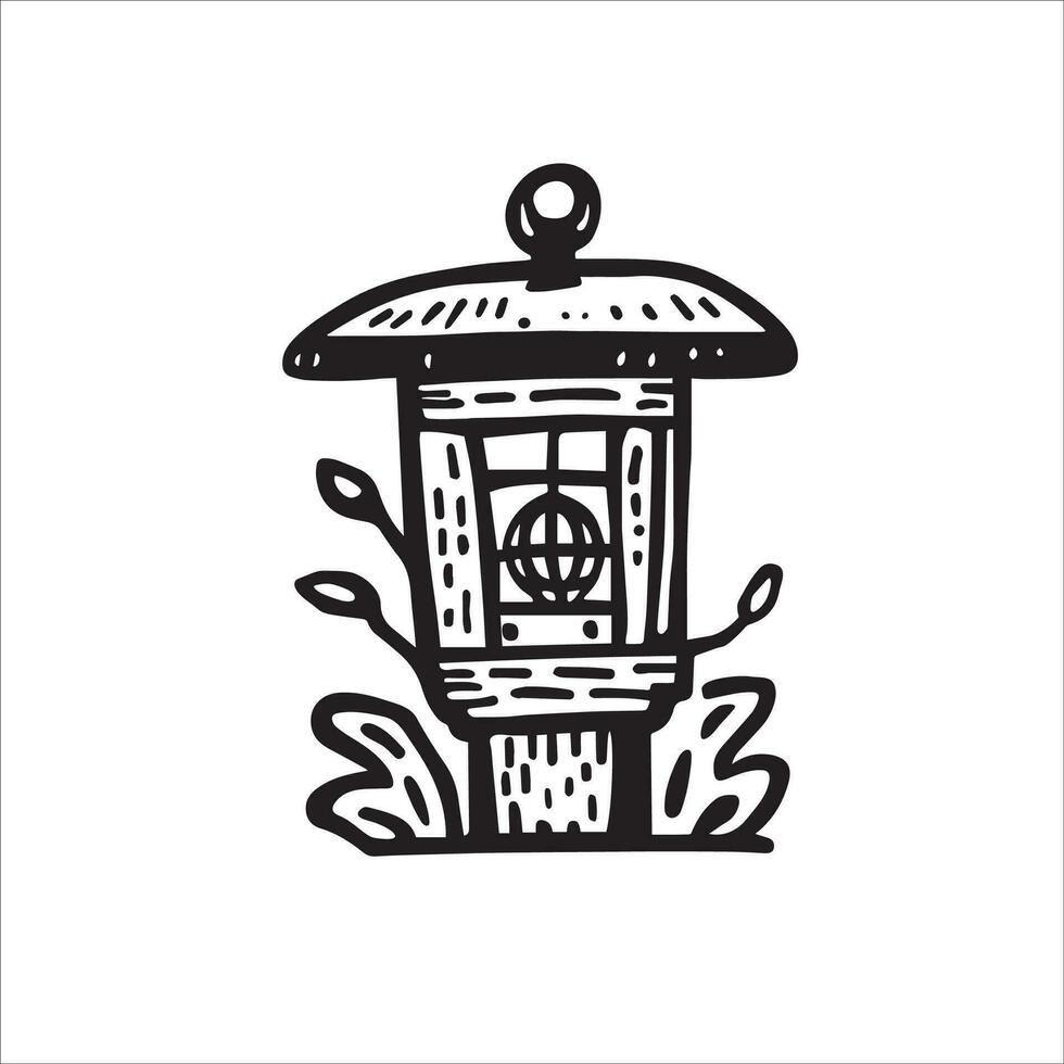 Embrace the allure of the East with this black and white doodle of a garden lantern, exuding timeless elegance and tranquility. Vector illustration.