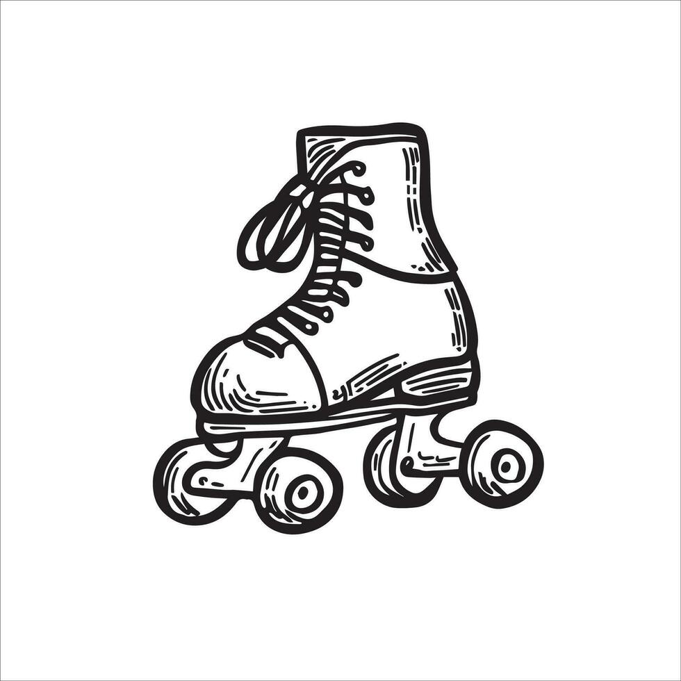 Roll back the years with this vintage doodle of a roller skate, capturing the carefree spirit of days gone by. Glide through memories and nostalgia. Vector black and white illustration.
