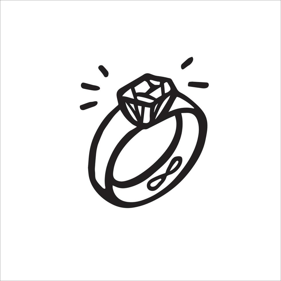 In this black and white doodle, an exquisite engagement ring is adorned with an eternity symbol, representing everlasting love and commitment. Vector illustration.