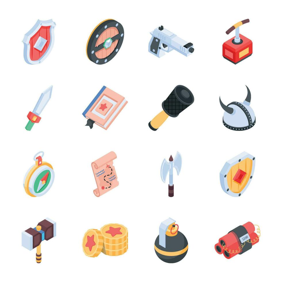 Collection of Game Weapons Isometric Icons vector