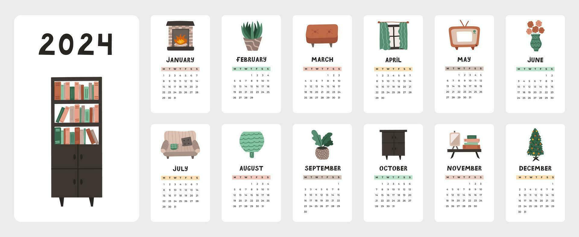 Cute calendar template for 2024 year with cozy illustrations of home interior. Calendar grid with weeks starts on Monday for nursery or office. Vertical monthly calender layout for planning. vector