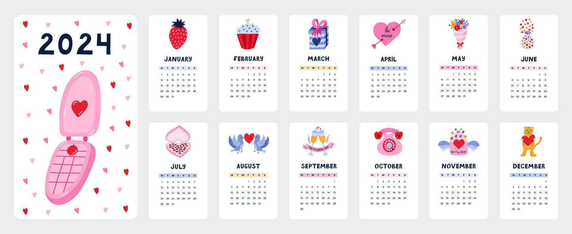 linda calendario modelo para 2024 año con creativo romántico ilustraciones. calendario cuadrícula con semanas empieza en lunes para niños guardería, corporativo diseño. vertical mensual calandrar diseño para planificación. vector