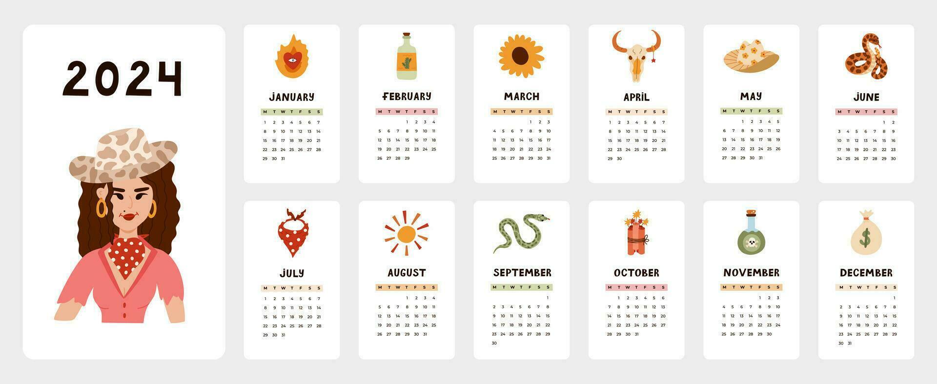 Cute calendar template for 2024 year with creative western and cowgirl illustrations. Calendar grid with weeks starts on Monday for kids nursery, office. Vertical monthly calender layout for planning. vector