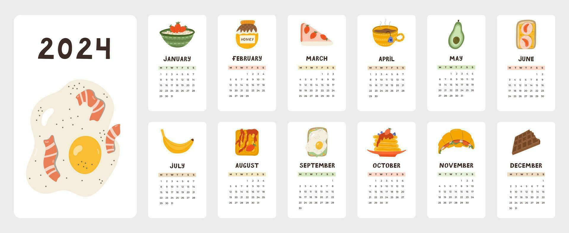 Cute calendar template for 2024 year with creative illustrations of food for breakfast. Calendar grid with weeks starts on Monday for nursery or office. Vertical monthly calender layout for planning. vector