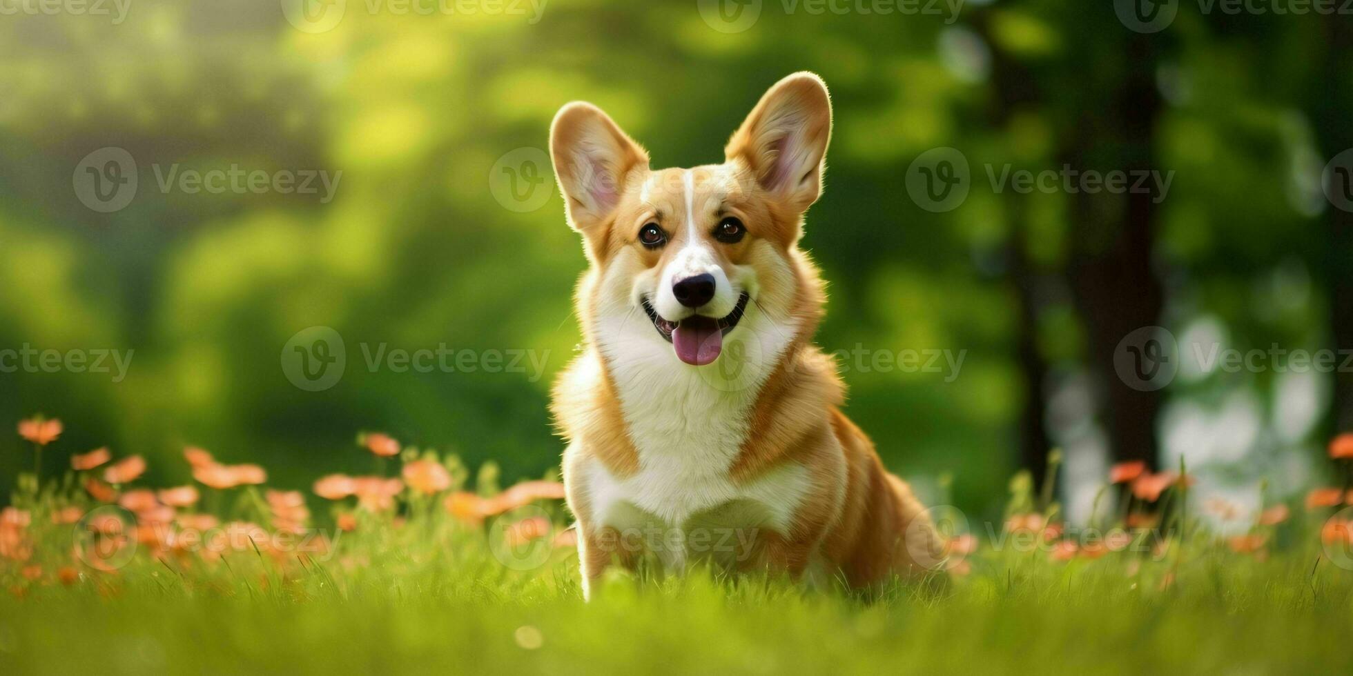 Welsh Corgi Dog on Grass Background. Portrait of Cute Dog in The Park. Generative AI photo